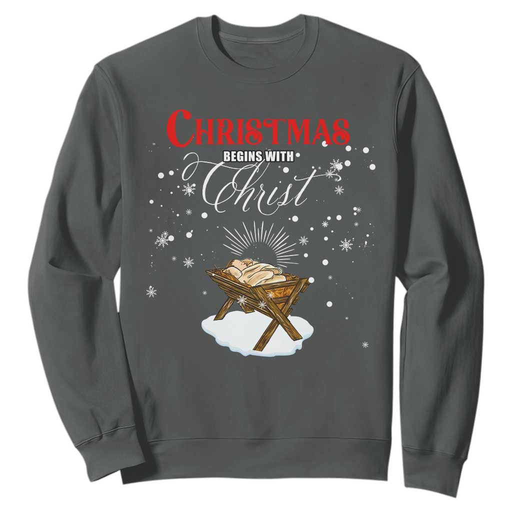 Christmas Begins With Christ Sweatshirt Christian Christmas Jesus God TS11 Dark Heather Print Your Wear