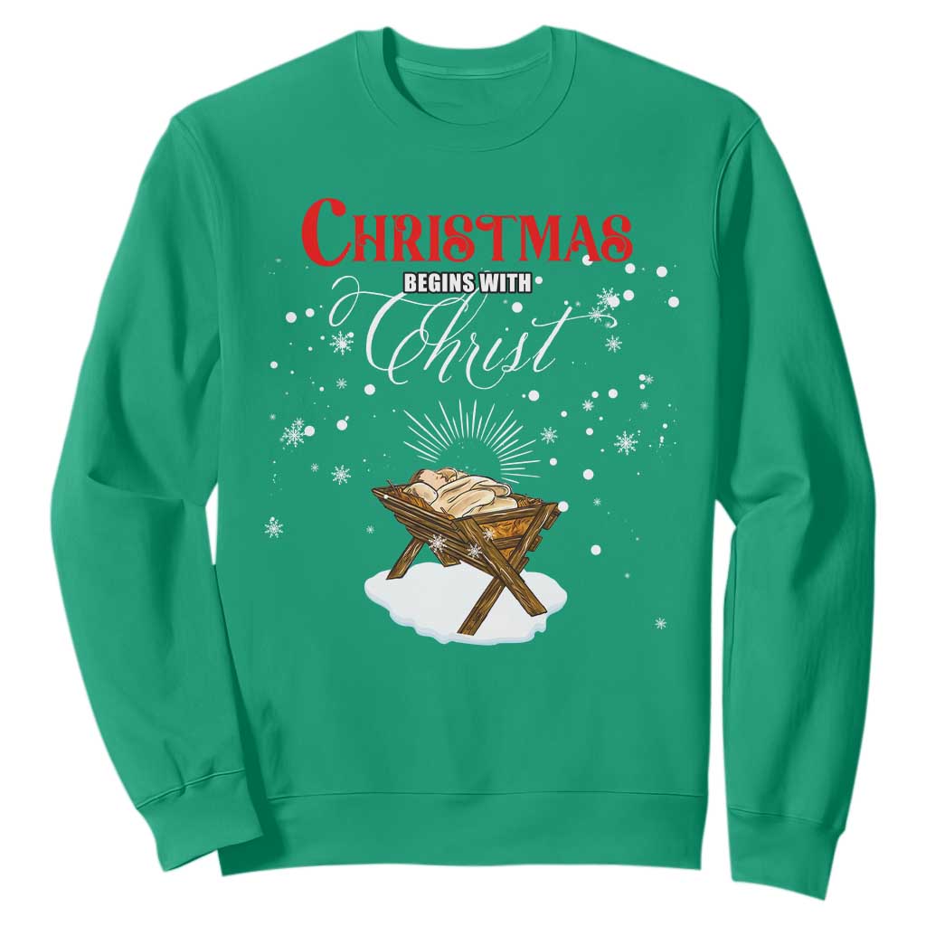 Christmas Begins With Christ Sweatshirt Christian Christmas Jesus God TS11 Irish Green Print Your Wear