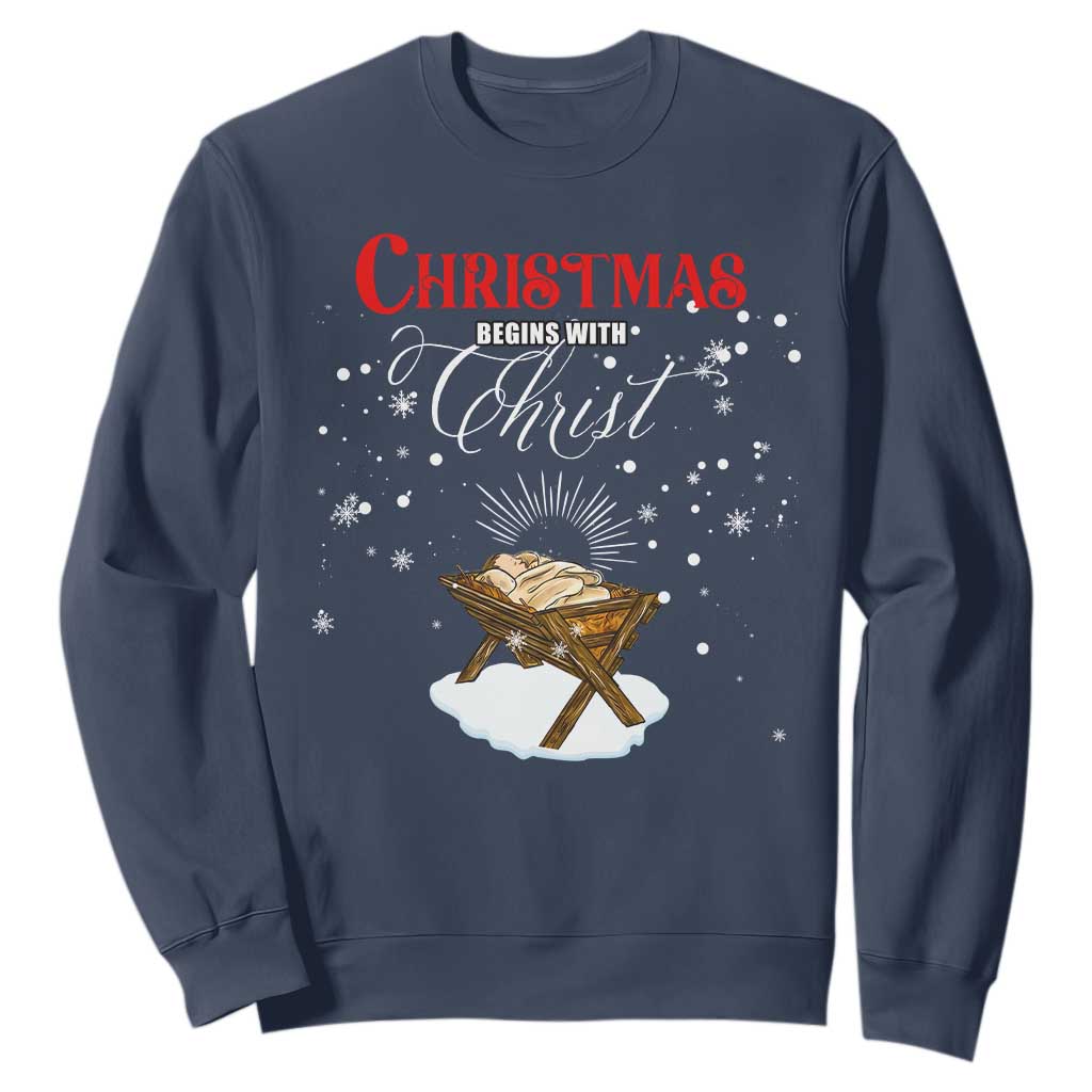 Christmas Begins With Christ Sweatshirt Christian Christmas Jesus God TS11 Navy Print Your Wear