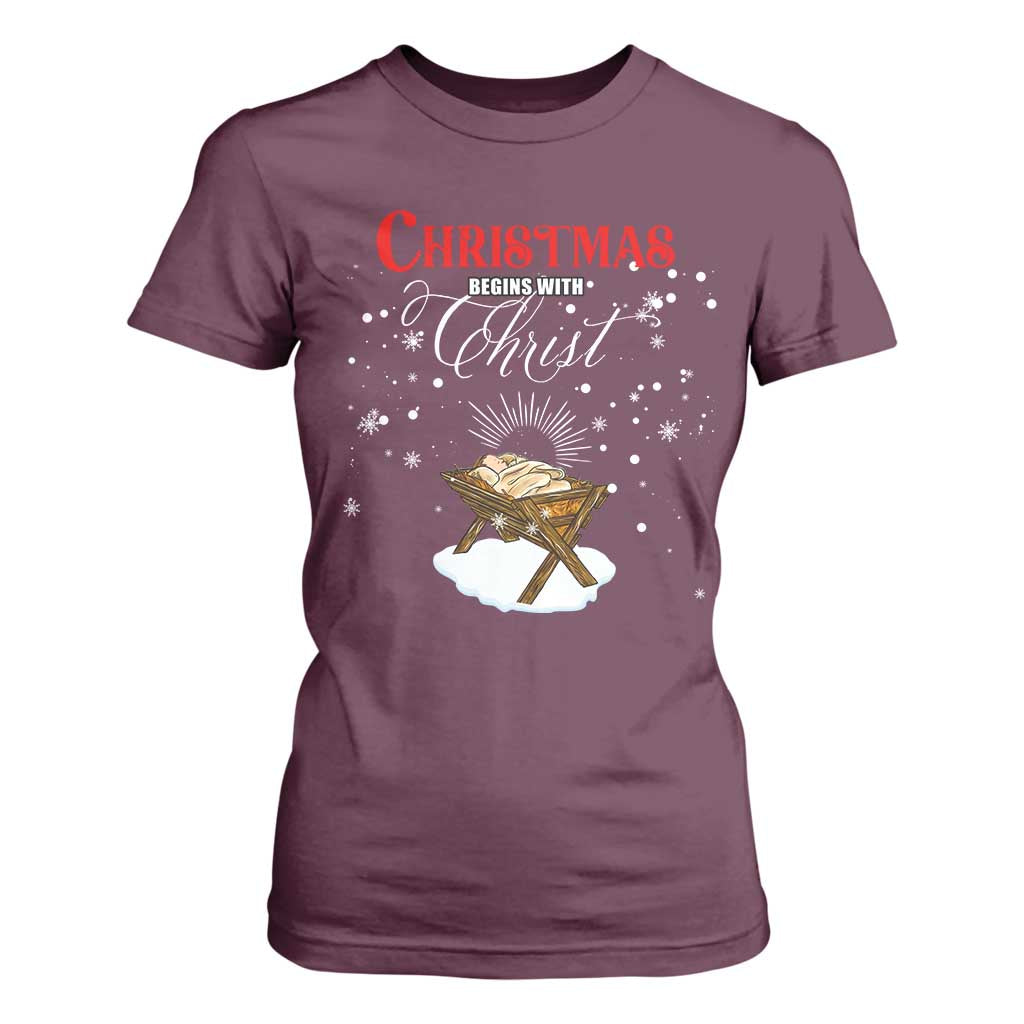 Christmas Begins With Christ T Shirt For Women Christian Christmas Jesus God TS11 Maroon Print Your Wear