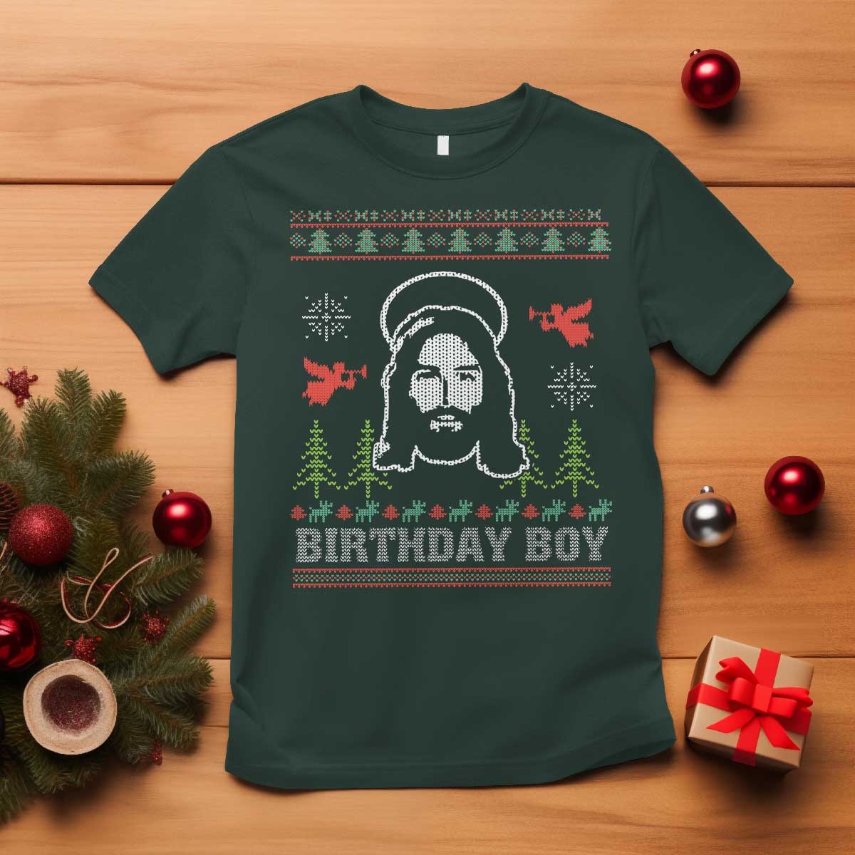 Funny Christian Christmas T Shirt Birthday Boy Jesus God Xmas Tree Angels TS11 Dark Forest Green Print Your Wear