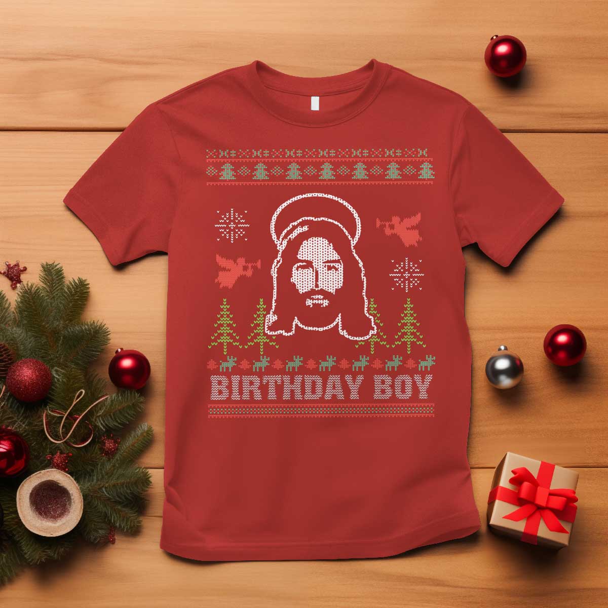 Funny Christian Christmas T Shirt Birthday Boy Jesus God Xmas Tree Angels TS11 Red Print Your Wear