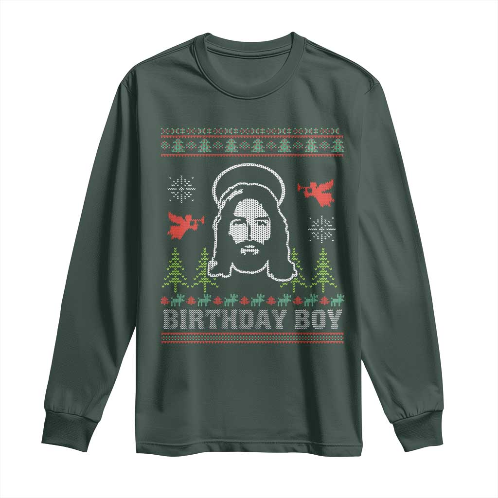 Funny Christian Christmas Long Sleeve Shirt Birthday Boy Jesus God Xmas Tree Angels TS11 Dark Forest Green Print Your Wear