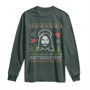 Funny Christian Christmas Long Sleeve Shirt Birthday Boy Jesus God Xmas Tree Angels TS11 Dark Forest Green Print Your Wear