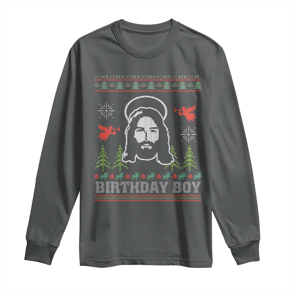 Funny Christian Christmas Long Sleeve Shirt Birthday Boy Jesus God Xmas Tree Angels TS11 Dark Heather Print Your Wear