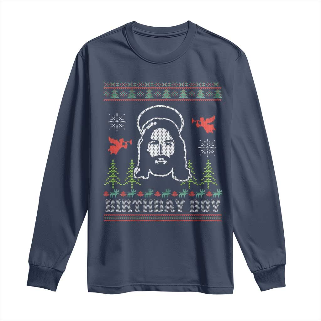 Funny Christian Christmas Long Sleeve Shirt Birthday Boy Jesus God Xmas Tree Angels TS11 Navy Print Your Wear