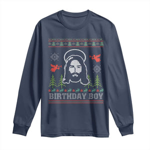 Funny Christian Christmas Long Sleeve Shirt Birthday Boy Jesus God Xmas Tree Angels TS11 Navy Print Your Wear