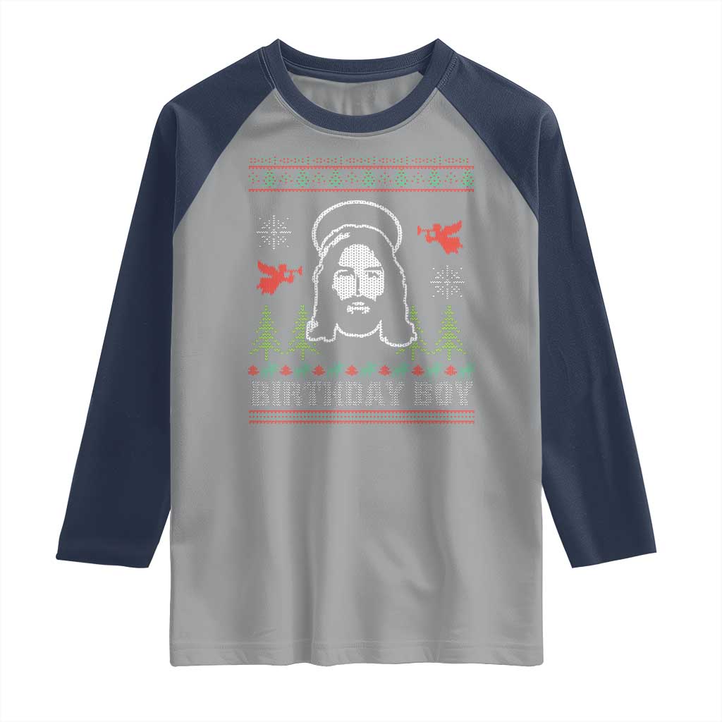 Funny Christian Christmas Raglan Shirt Birthday Boy Jesus God Xmas Tree Angels TS11 Sport Gray Navy Print Your Wear