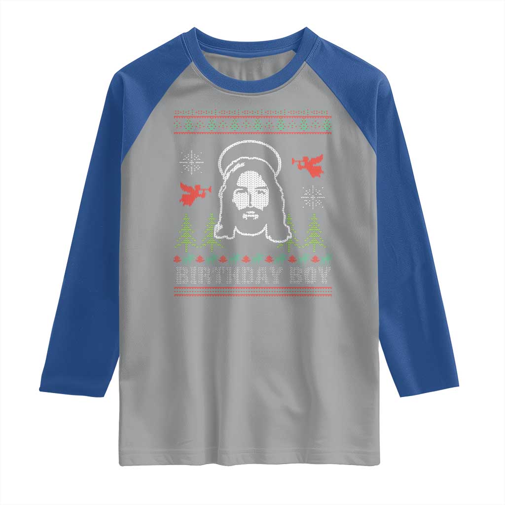 Funny Christian Christmas Raglan Shirt Birthday Boy Jesus God Xmas Tree Angels TS11 Sport Gray Royal Print Your Wear