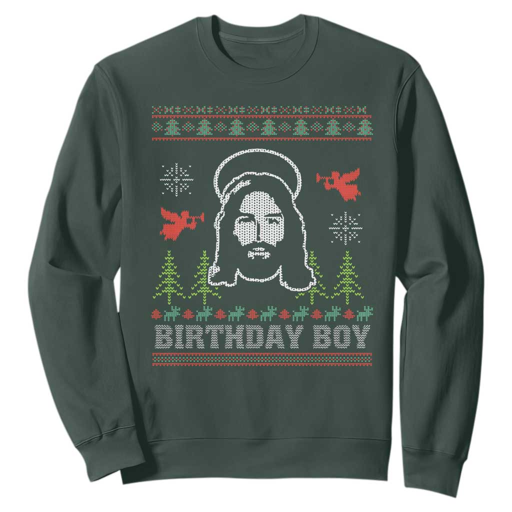 Funny Christian Christmas Sweatshirt Birthday Boy Jesus God Xmas Tree Angels TS11 Dark Forest Green Print Your Wear
