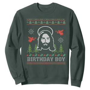 Funny Christian Christmas Sweatshirt Birthday Boy Jesus God Xmas Tree Angels TS11 Dark Forest Green Print Your Wear