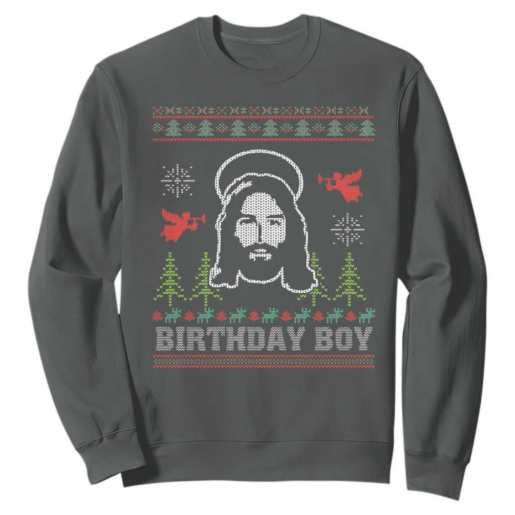 Funny Christian Christmas Sweatshirt Birthday Boy Jesus God Xmas Tree Angels TS11 Dark Heather Print Your Wear