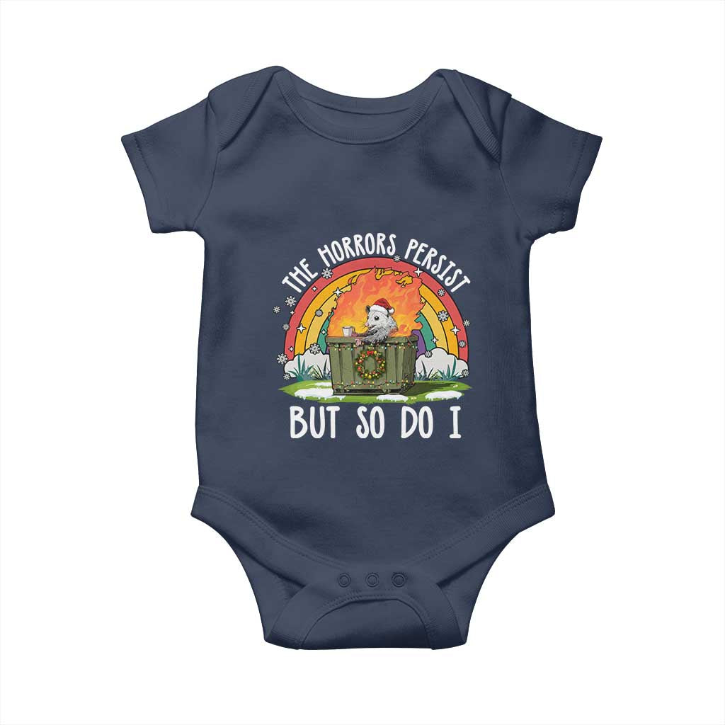 Funny Christmas Opossum Baby Onesie The Horrors Persist But So Do I Dumpster Fire Rainbow TS11 Navy Print Your Wear