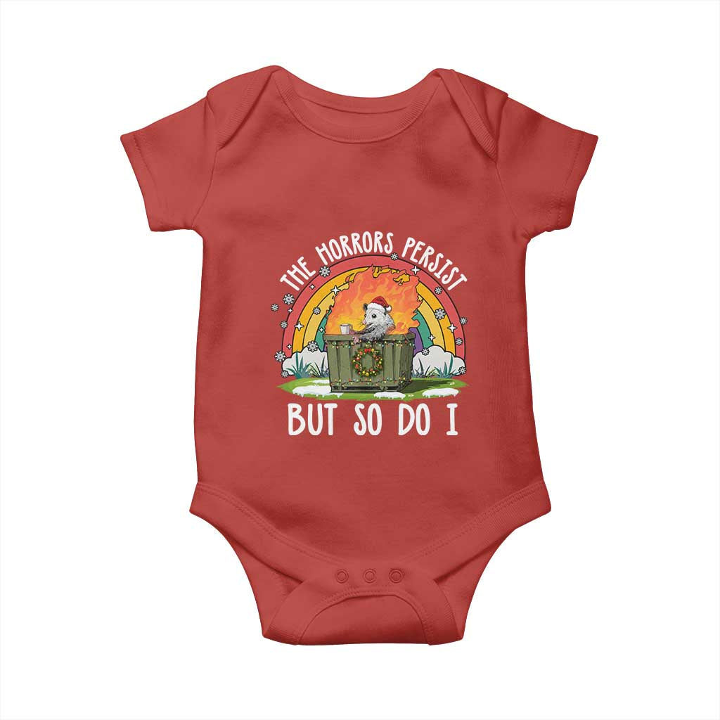 Funny Christmas Opossum Baby Onesie The Horrors Persist But So Do I Dumpster Fire Rainbow TS11 Red Print Your Wear