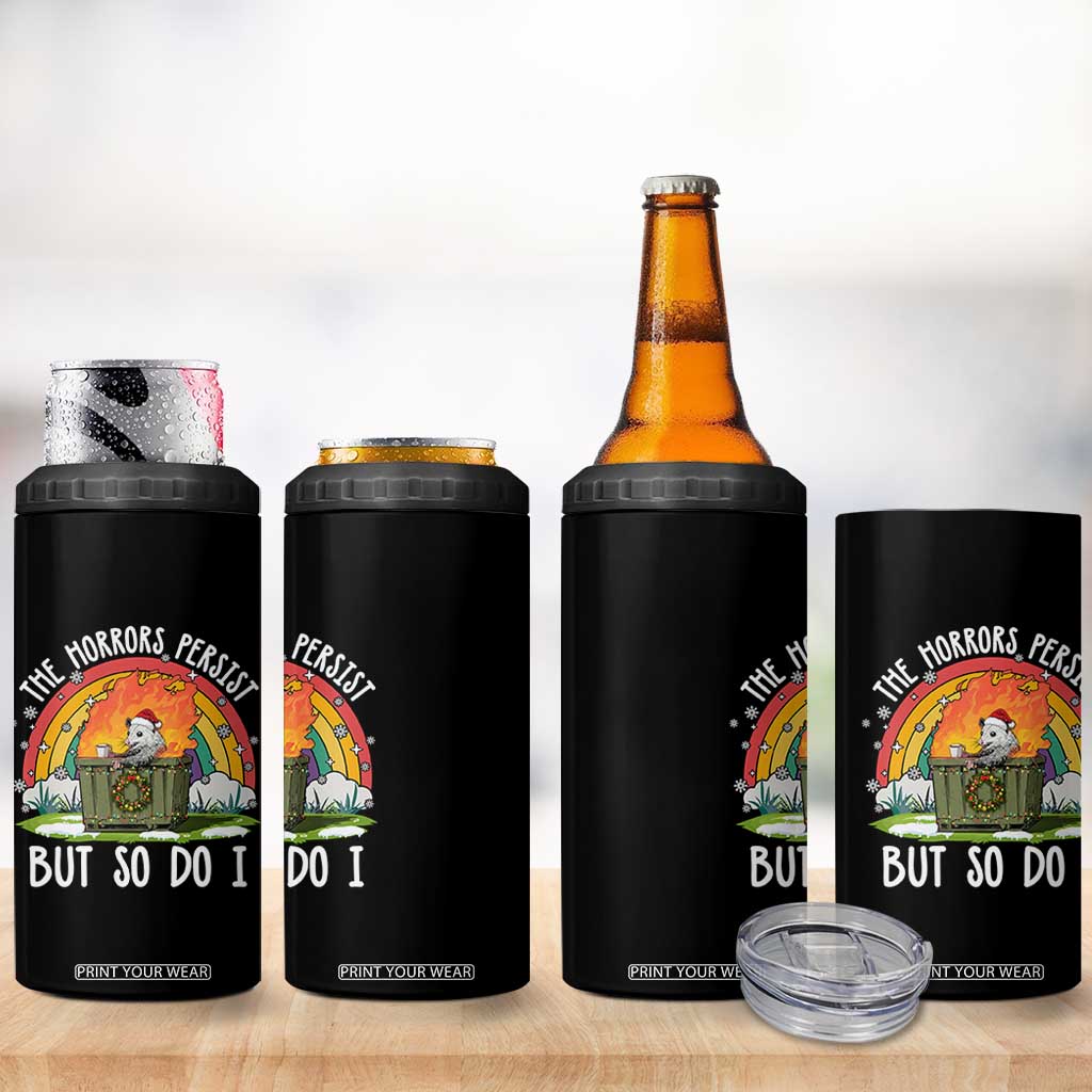 Funny Christmas Opossum 4 in 1 Can Cooler Tumbler The Horrors Persist But So Do I Dumpster Fire Rainbow - Print Your Wear