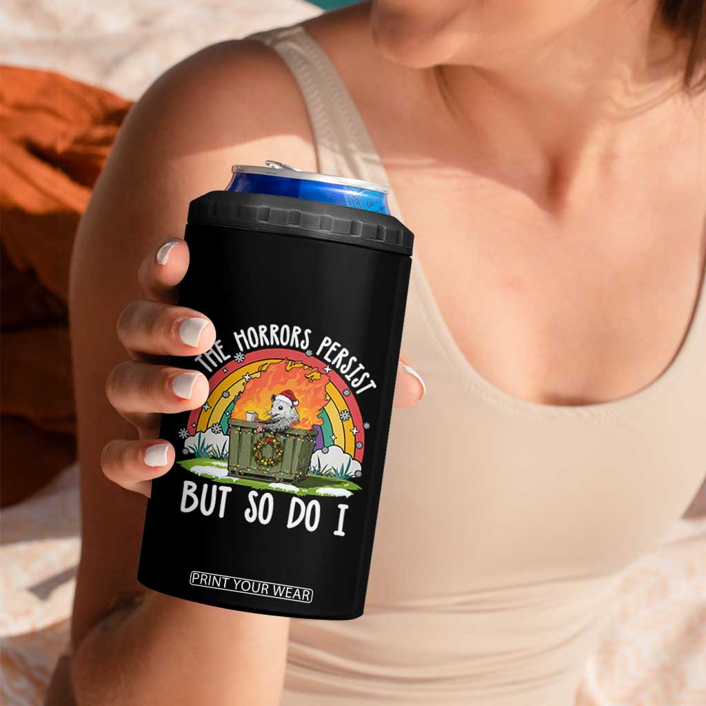 Funny Christmas Opossum 4 in 1 Can Cooler Tumbler The Horrors Persist But So Do I Dumpster Fire Rainbow - Print Your Wear