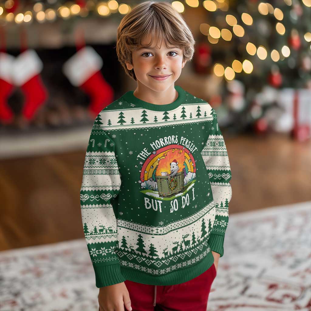 Funny Xmas Opossum Ugly Christmas Sweater The Horrors Persist But So Do I Dumpster Fire Rainbow TS11 Forest Green Beige Print Your Wear
