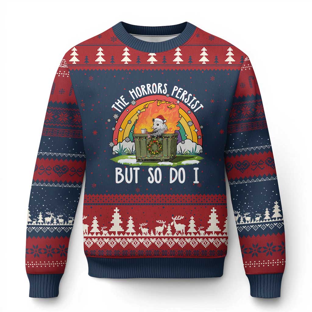 Funny Xmas Opossum Ugly Christmas Sweater The Horrors Persist But So Do I Dumpster Fire Rainbow TS11 Navy Red Print Your Wear
