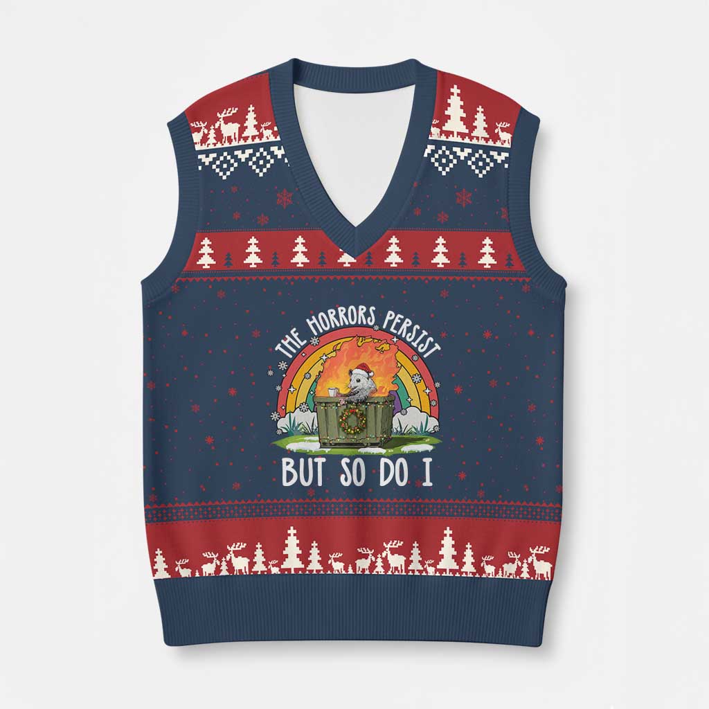 Funny Xmas Opossum V-Neck Knit Sweater Vest The Horrors Persist But So Do I Dumpster Fire Rainbow TS11 Navy Red Print Your Wear