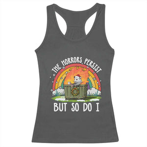Funny Christmas Opossum Racerback Tank Top The Horrors Persist But So Do I Dumpster Fire Rainbow TS11 Dark Heather Print Your Wear