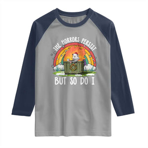 Funny Christmas Opossum Raglan Shirt The Horrors Persist But So Do I Dumpster Fire Rainbow TS11 Sport Gray Navy Print Your Wear