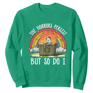 Funny Christmas Opossum Sweatshirt The Horrors Persist But So Do I Dumpster Fire Rainbow TS11 Irish Green Print Your Wear