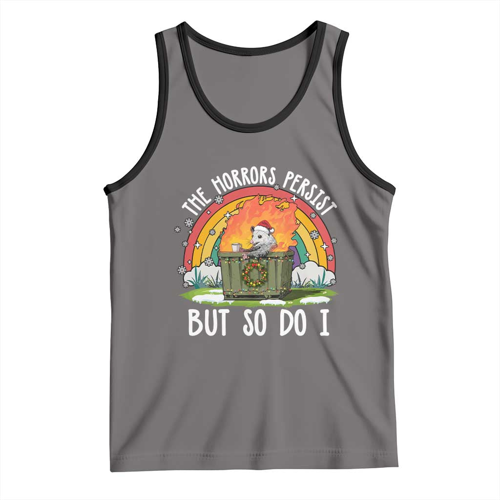 Funny Christmas Opossum Tank Top The Horrors Persist But So Do I Dumpster Fire Rainbow TS11 Deep Heather Black Print Your Wear