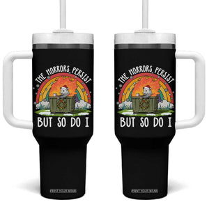 Funny Christmas Opossum Tumbler With Handle The Horrors Persist But So Do I Dumpster Fire Rainbow - Print Your Wear