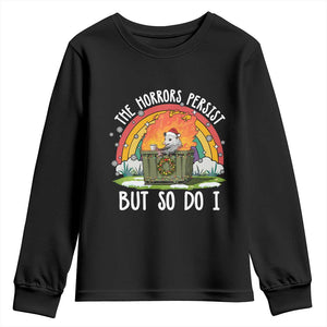 Funny Christmas Opossum Youth Sweatshirt The Horrors Persist But So Do I Dumpster Fire Rainbow TS11 Black Print Your Wear