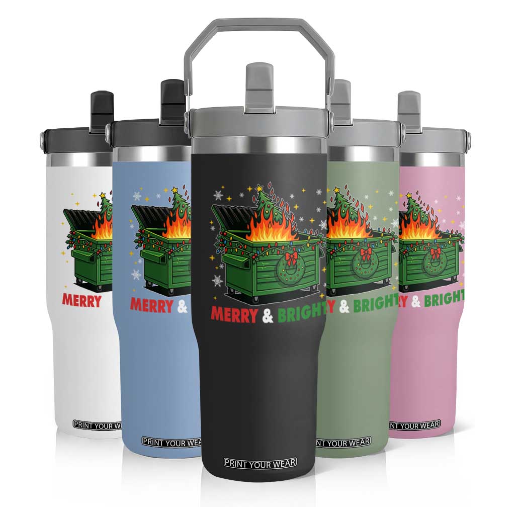 Funny Lil Dumpster Fire Christmas Flip Straw Tumbler Merry And Bright Xmas Tree TS11 Print Your Wear