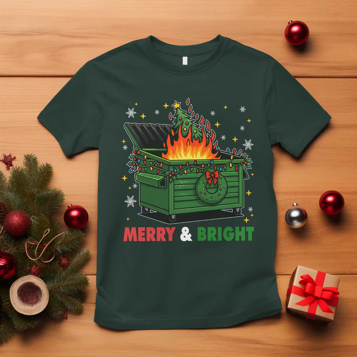 Funny Lil Dumpster Fire Christmas T Shirt Merry And Bright Xmas Tree TS11 Dark Forest Green Print Your Wear