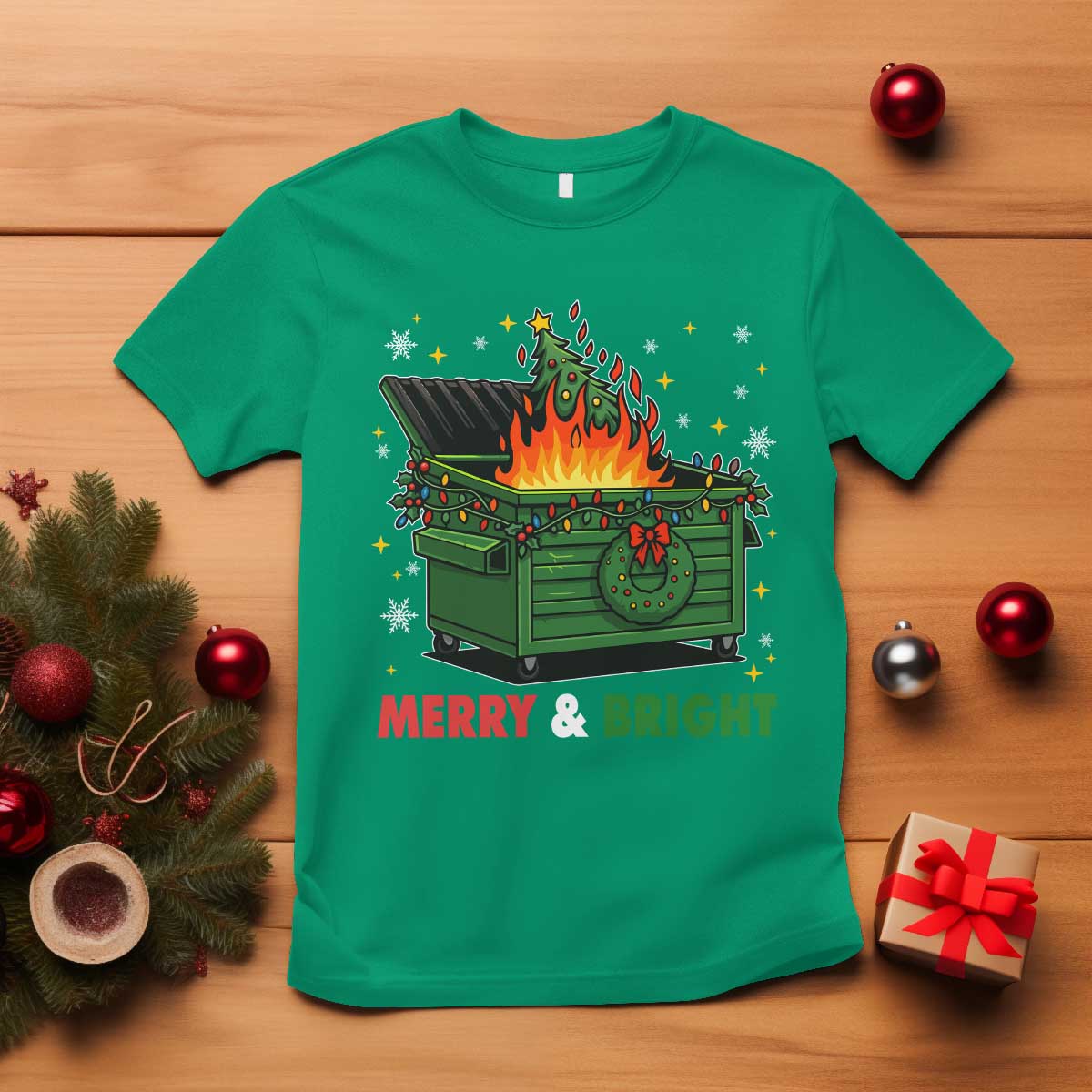 Funny Lil Dumpster Fire Christmas T Shirt Merry And Bright Xmas Tree TS11 Irish Green Print Your Wear