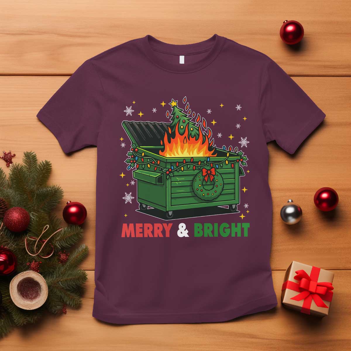 Funny Lil Dumpster Fire Christmas T Shirt Merry And Bright Xmas Tree TS11 Maroon Print Your Wear
