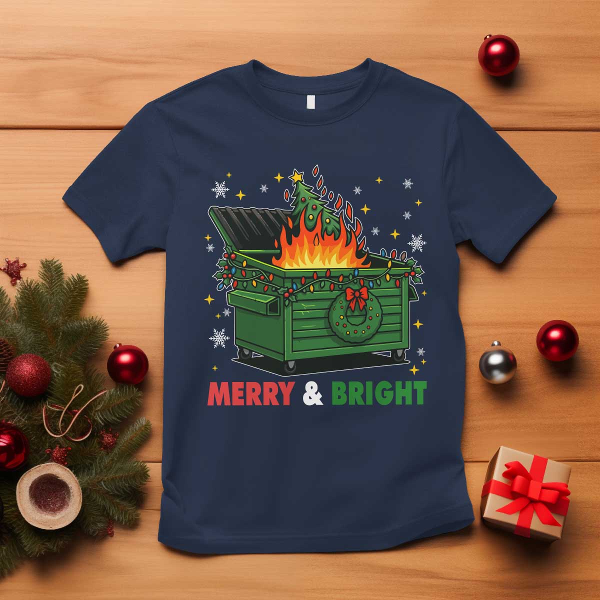 Funny Lil Dumpster Fire Christmas T Shirt Merry And Bright Xmas Tree TS11 Navy Print Your Wear
