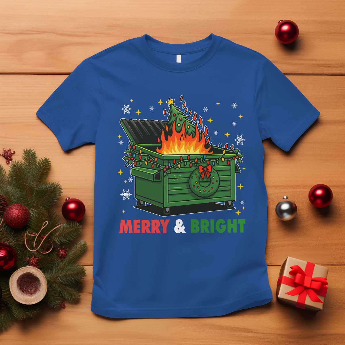 Funny Lil Dumpster Fire Christmas T Shirt Merry And Bright Xmas Tree TS11 Royal Blue Print Your Wear