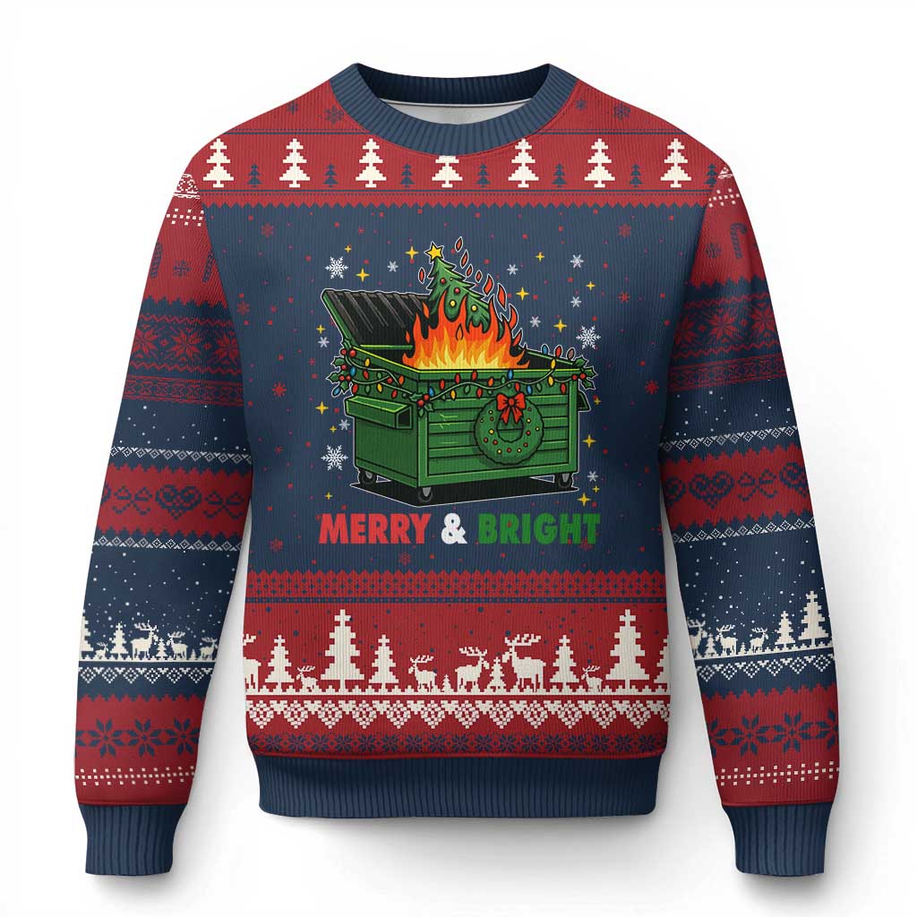 Funny Lil Dumpster Fire Xmas Ugly Christmas Sweater Merry And Bright Xmas Tree - Print Your Wear