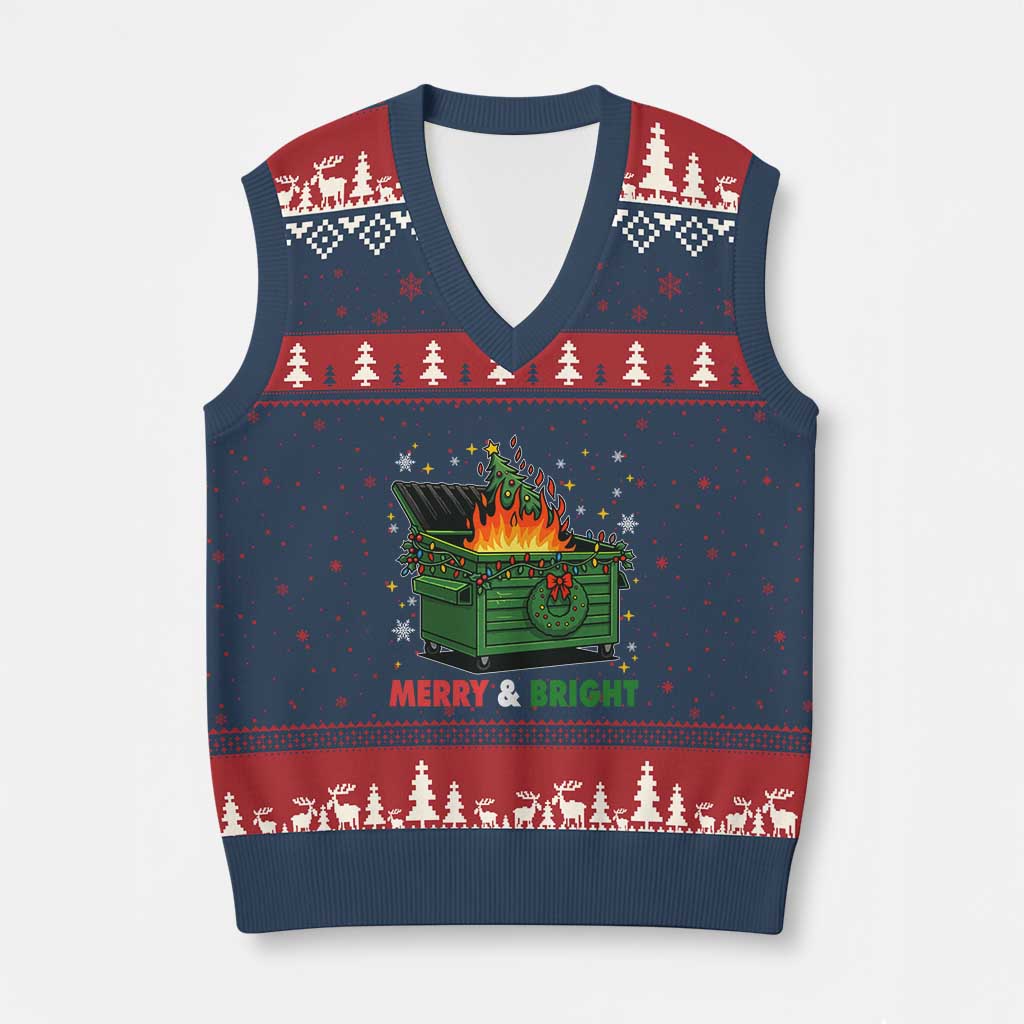 Funny Lil Dumpster Fire Xmas V-Neck Knit Sweater Vest Merry And Bright Xmas Tree TS11 Navy Red Print Your Wear