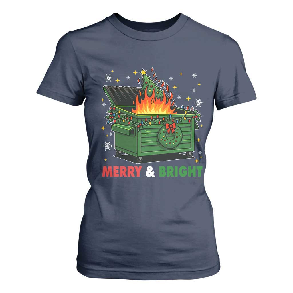Funny Lil Dumpster Fire Christmas T Shirt For Women Merry And Bright Xmas Tree TS11 Navy Print Your Wear