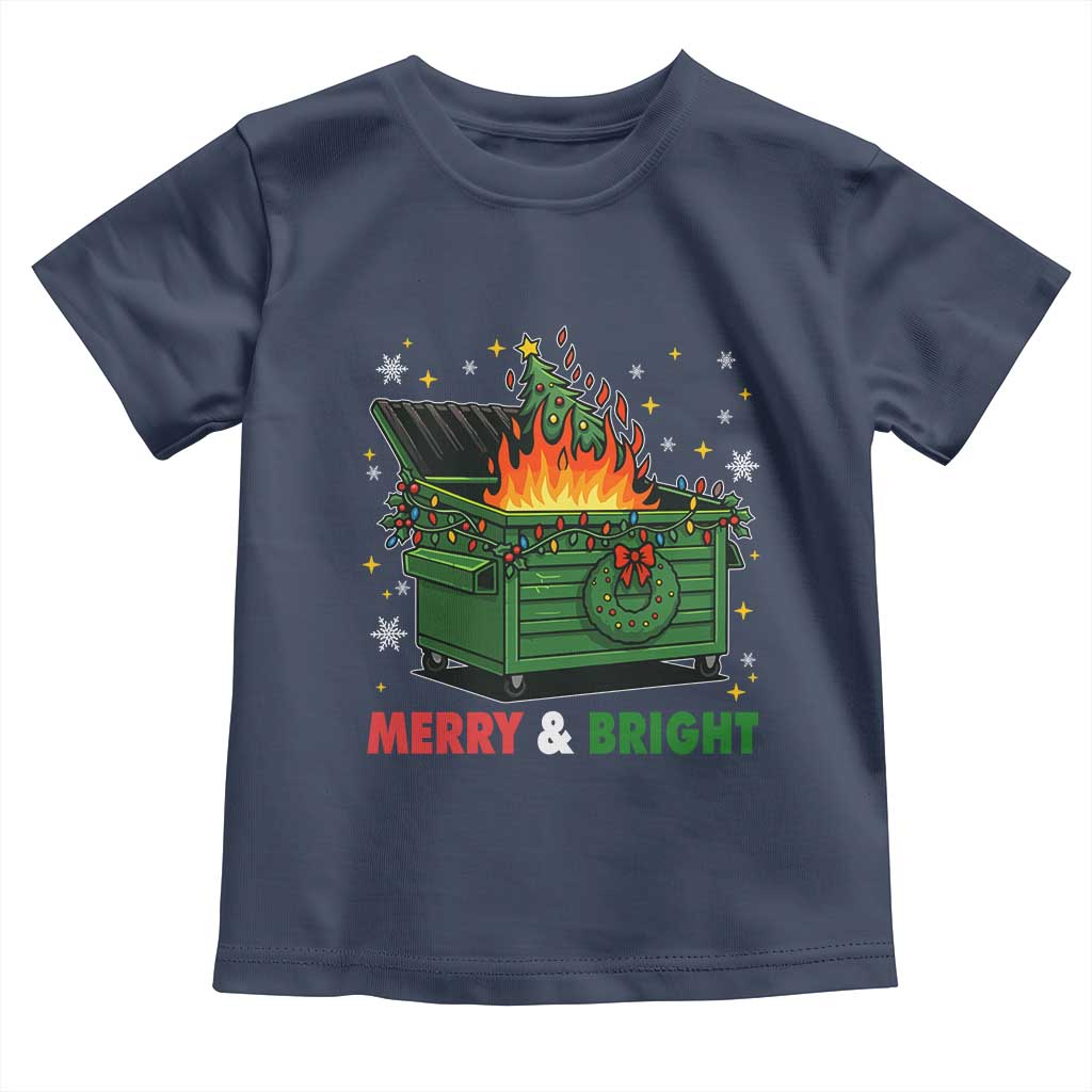 Funny Lil Dumpster Fire Christmas Toddler T Shirt Merry And Bright Xmas Tree TS11 Navy Print Your Wear