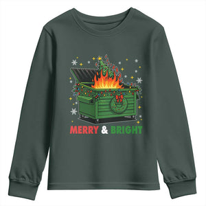 Funny Lil Dumpster Fire Christmas Youth Sweatshirt Merry And Bright Xmas Tree TS11 Dark Forest Green Print Your Wear