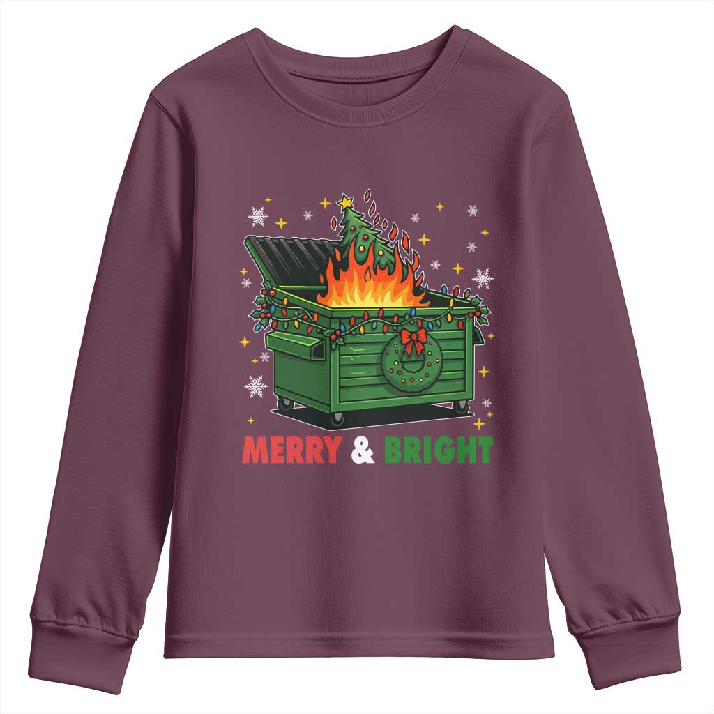 Funny Lil Dumpster Fire Christmas Youth Sweatshirt Merry And Bright Xmas Tree TS11 Maroon Print Your Wear