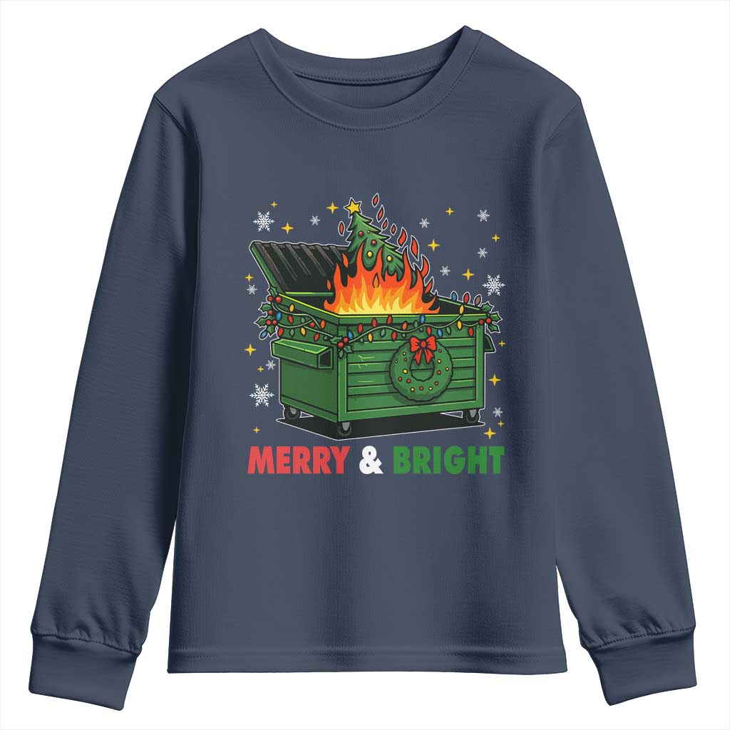 Funny Lil Dumpster Fire Christmas Youth Sweatshirt Merry And Bright Xmas Tree TS11 Navy Print Your Wear