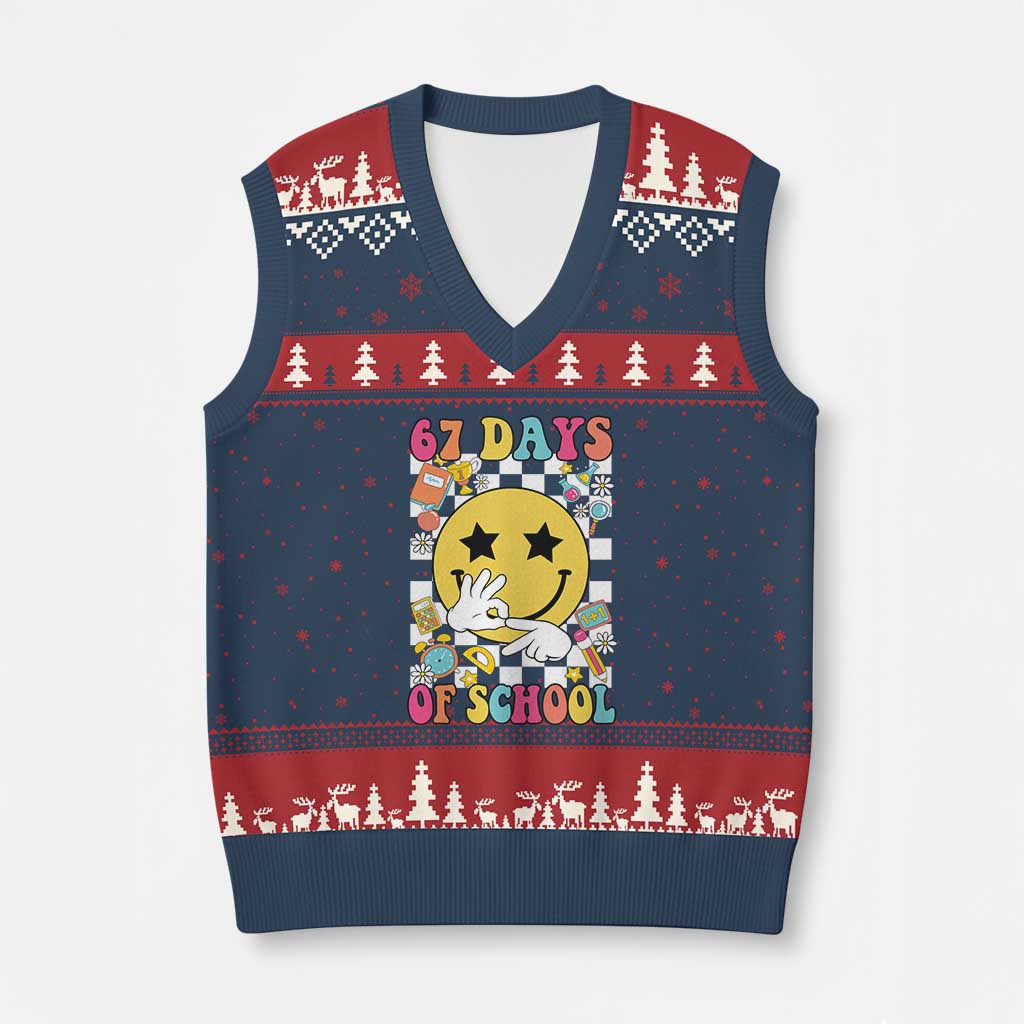 67 Days Of School V-Neck Knit Sweater Vest Six Seven Meme Student Teacher TS11 Navy Red Print Your Wear