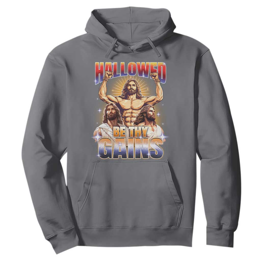 Funny Muscle Jesus Workout Hoodie Hallowed Be Thy Gains Weightlifting Humor TS11 Charcoal Print Your Wear