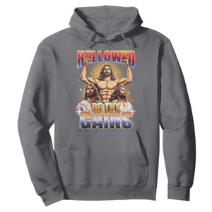 Funny Muscle Jesus Workout Hoodie Hallowed Be Thy Gains Weightlifting Humor TS11 Charcoal Print Your Wear