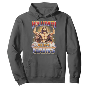 Funny Muscle Jesus Workout Hoodie Hallowed Be Thy Gains Weightlifting Humor TS11 Dark Heather Print Your Wear