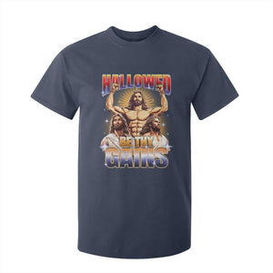 Funny Muscle Jesus Workout T Shirt For Kid Hallowed Be Thy Gains Weightlifting Humor TS11 Navy Print Your Wear