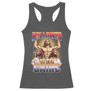 Funny Muscle Jesus Workout Racerback Tank Top Hallowed Be Thy Gains Weightlifting Humor TS11 Dark Heather Print Your Wear