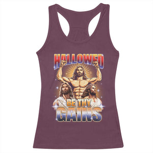 Funny Muscle Jesus Workout Racerback Tank Top Hallowed Be Thy Gains Weightlifting Humor TS11 Maroon Print Your Wear