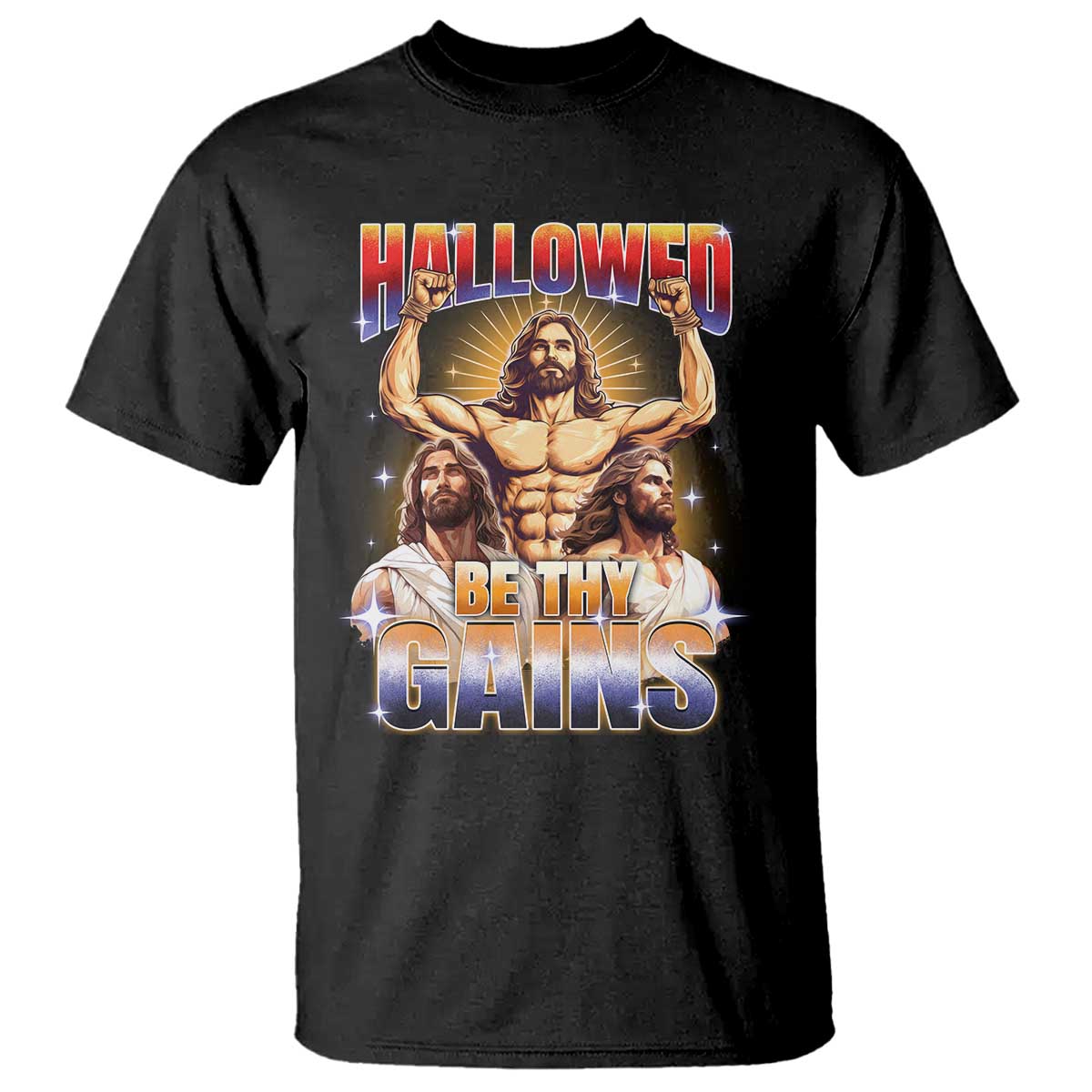 Funny Muscle Jesus Workout T Shirt Hallowed Be Thy Gains Weightlifting Humor TS11 Black Print Your Wear